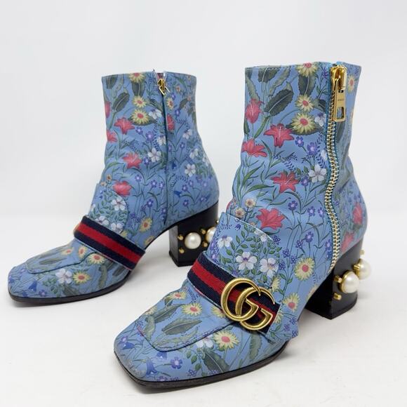 Gucci Shoes - Gucci Peyton Flora Pearl GG Web Stripe Ankle Boots Size 37